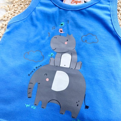 Conj. Regata Elefante com Hipopótamo e Bermuda - Azul e Areia